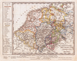 Naklejka premium 1862, Stieler Mapa Holandii, Belgii i zachodnich Niemiec
