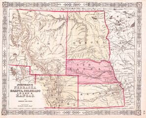 Fototapeta na wymiar 1863, Johnson's Map of Colorado, Dakota, Idaho, Nebraska and Kansas