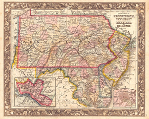 Fototapeta na wymiar 1863, Mitchell Map of Pennsylvania, New Jersey, Delaware and Maryland