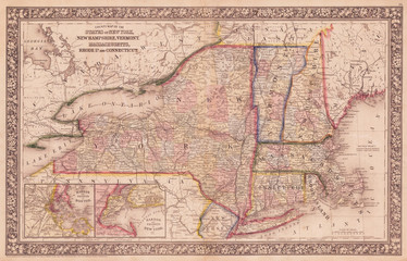 1864, Mitchell Map of New York, Massachusetts, Connecticut, Rhode Island, New Hampshire and Vermont