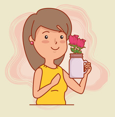 woman with roses inside vase to valentines day celebration