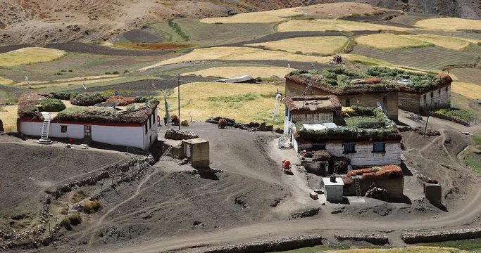 Traditional Himalayan house architecture and village layout in north India. Komic rural countryside in Himachal Pradesh