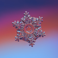 Snowflake on red - blue gradient background. Macro photo of real snow crystal: elegant star plate...