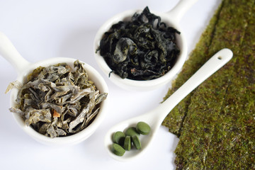 Dried seaweed: nori, wakame, kelp, spirulina, chlorella. Superfood. Healthy food