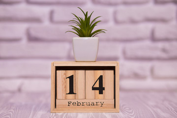 February 14. Day 14 of month on wooden calendar with green flowers on white brick background. Happy Valentines day. Love concept.