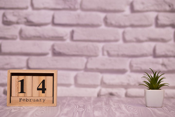 February 14. Day 14 of month on wooden calendar with green flowers on white brick background. Happy Valentines day. Love concept.