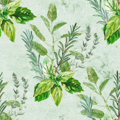 Watercolor seamless pattern with a bunch of fresh culinary and medicinal herbs and branches. Basil, rosemary, thyme, sage green, perfect for any surface, textile, tableware, wallpaper, packaging