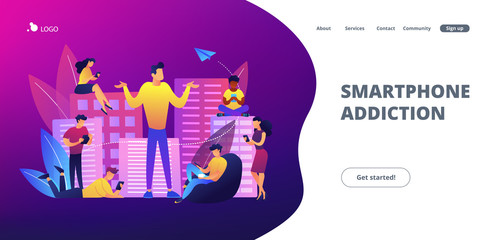 People in the city overusing mobile devices and a man feeling alone. Smartphone addiction, digital disorder, mobile device addiction concept. Website vibrant violet landing web page template.