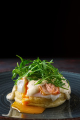 Sandwich with poached egg, smoked salmon and cheese decorated with arugula