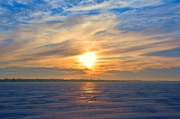Winter rural landscape. Lake in winter.