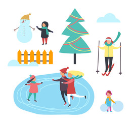 Winter Season Kid with Snowman People Set Vector