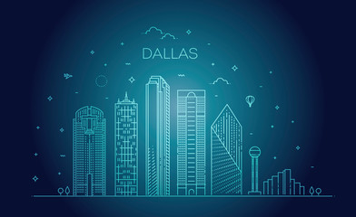 Texas Dallas architecture line skyline illustration. Linear vector cityscape with famous landmarks