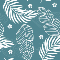 Fototapeta na wymiar Tropical seamless pattern with leaves. White tropical leaves on blue background. Banana leaves, monstera leaves, palm leaves.