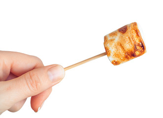roasted marshmallows on a skewer on white background
