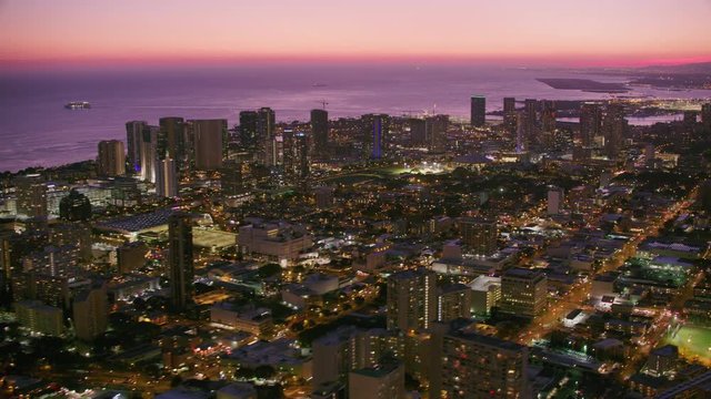Aerial view of Honolulu at sunset