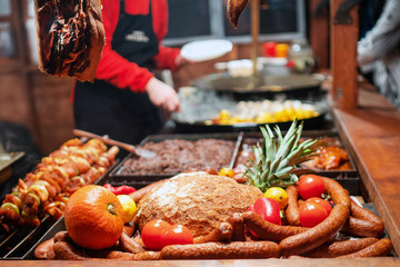 Picture of fresh vegetables and meat at the street market during night
