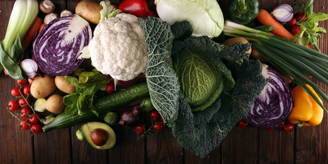 Composition with variety of raw organic vegetables and fruits. Balanced diet