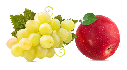 Fresh grapes and red apples isolated on white background with clipping pass
