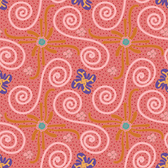 colorful pink decorated and textured floral and swirls pattern tile for textile, fabric, wallpaper, backgrounds, backdrops and prints. the tile is seamless