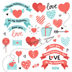 Set of elements for Valentines Day, wedding design. Includes hearts, ribbons, sweets, letters, envelopes, arrows. Love elements for your design.