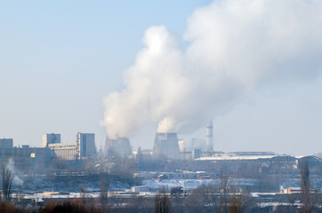 Thermal power plant with chimneys, industrial landscape