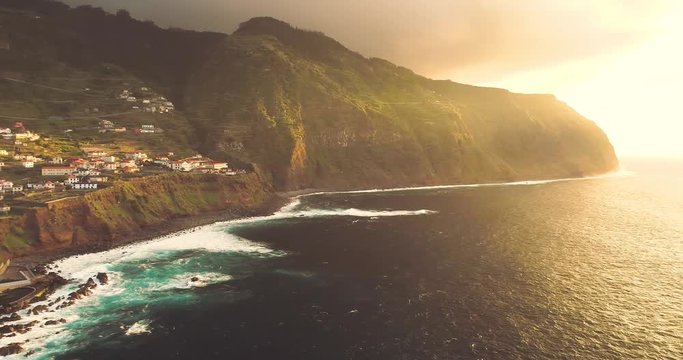 4k aerial view of Porto Moniz at sunset, Madeira Island, Portugal