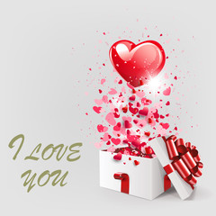 Light composition with a silhouette of a white box and a big red heart, design element,