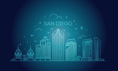 Linear San Diego city skyline vector background