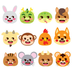 Cute Chinese Zodiac signs emoji flat color style animals