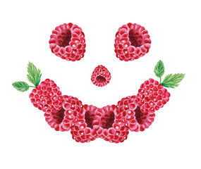 Illustration of watercolor hand drawn    funny face, raspberries. Summer fruit background. Organic food. Exotic, tropical. Vegetarian. Cartoon smile.Berry for emblem natural  product, farmers market.