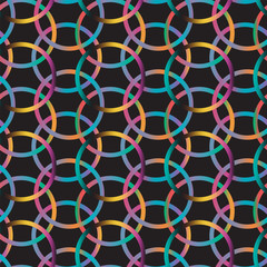 bold vivid interconnected colorful circles pattern over black background for textile, fabric, wallpaper, backgrounds, templates and creative surface design. the tile is seamless. mesh gradient pattern