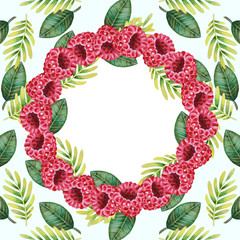 Illustration of watercolor hand drawn oval frame with fresh raspberries and green leaves. Summer fruit background. Organic food. For farmers market and emblem natural product. Vegetarian. Invitation.