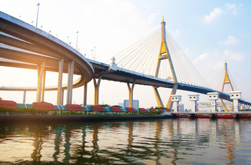 Fototapeta na wymiar Bhumibol Bridge Bangkok city Thailand skyline highway transportation in Bangkok Thailand