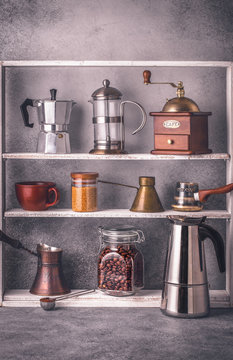 Various coffee making tools and accessories on the shelves