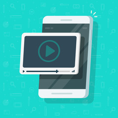 Video on mobile phone vector illustration, flat cartoon smartphone screen with online webinar concept, idea of watching tutorial watching, e-learning, cellphone movie streaming - obrazy, fototapety, plakaty