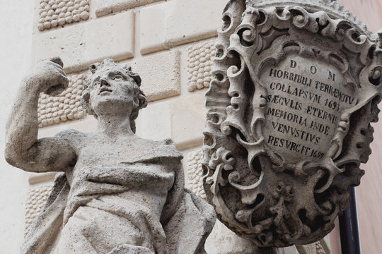 Detail of the baroque Saint Sebastian Church (Basilica di San Sebastiano) in Acireale (Catania, Sicily, Italy)