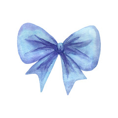 Blue bow. Hand drawn watercolor illustration. Isolated on white background.