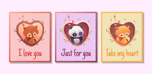 Cute valentine cards with funny animals. Vector illustration of red panda, fox, panda cartoon style. Hand drawn characters with heart. Set cards for poster, template, cards, peint, shirt, invitation.