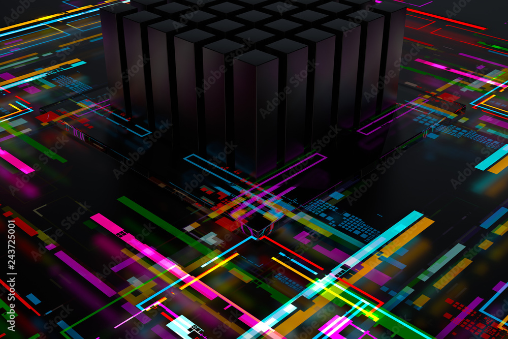 Poster 3d render complex technology illustration. perfect for computer, blockchain or internet, or artifici