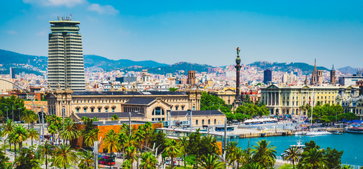 Panoramic city and port view of Barcelona, Spain - obrazy, fototapety, plakaty
