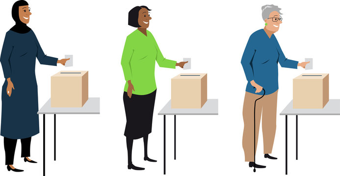 Diverse Female Voters Putting Ballot In A Box, EPS 8 Vector Characters