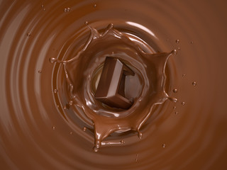 Chocolate cube splashing into liquid chocolate, Top view.