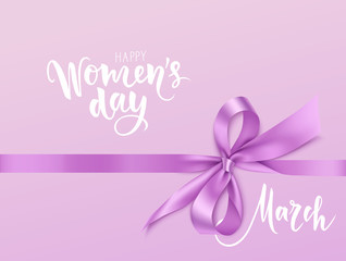 Fototapeta na wymiar International Womens Day design template. 8 march background with beautiful purple bow and horizontal ribbon. Holiday decoration. Vector illustration