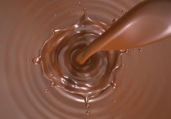 Liquid chocolate pouring with crown splash. Viewed from top