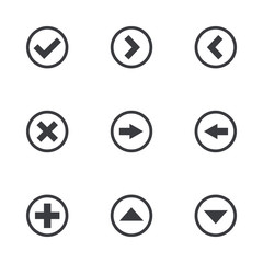 Navigation button set. Vector icon. Add, approve and cancel icon. Arrows sign.