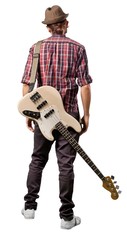 young musician carrying his electric guitar