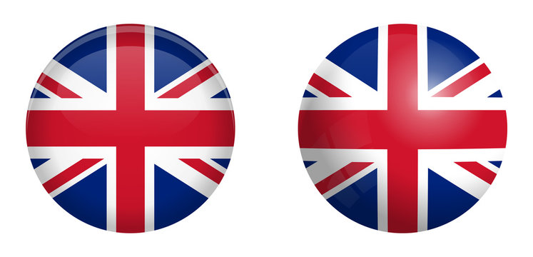 British Union Jack flag under 3d dome button and on glossy sphere / ball.