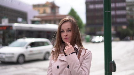 Fototapeta premium European tourist portrait in the centre of Rome. Beautiful model walking and enjoying Italian culture 
