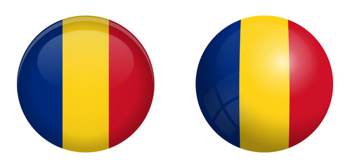 Fototapeta premium Romania flag under 3d dome button and on glossy sphere / ball.