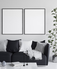 Mockup poster in living room interior, Scandinavian style, 3d render